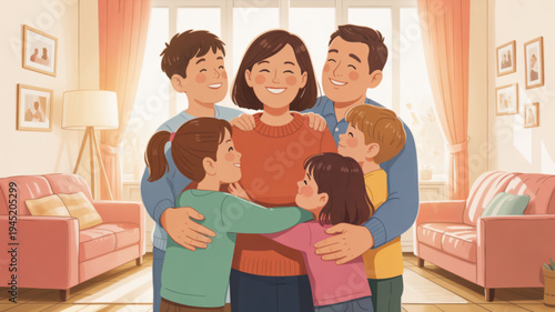 Happy family of six embracing in a cozy living room with pink furniture and warm lighting