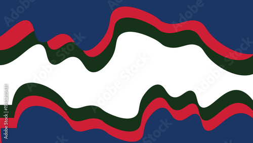 Abstract digital art vector with layered dark blue white green red wavy bands, smooth curves, and surreal flowing rhythmic design