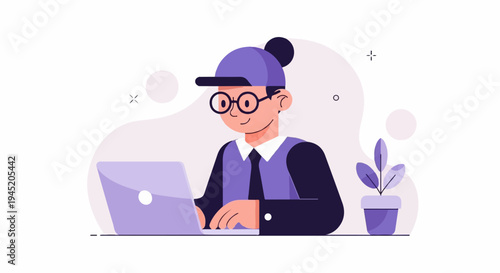 Cheerful person wearing glasses and cap works on laptop near plant