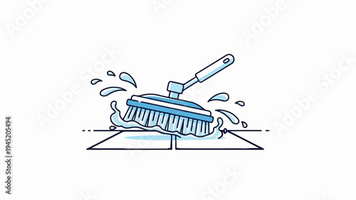 Cartoon brush scrubbing tiles with splashing water