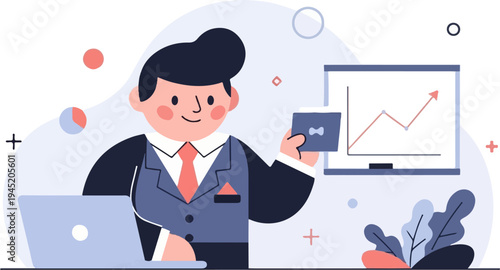 Cartoon businessman with laptop and presentation board showing upward trend