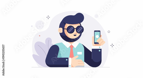 Cartoon businessman with sunglasses holding a smartphone