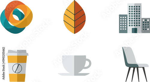 Abstract, leaf, buildings, coffee cup, teacup, and chair icons