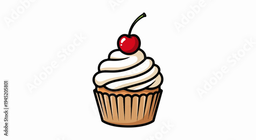 A single cartoon cupcake with white frosting and a red cherry on top
