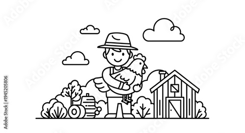 Farmer Holding Chicken with Barn and Trees - Line Art Illustration