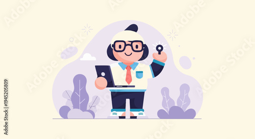 Cartoon character in a shirt and tie holds a laptop and key
