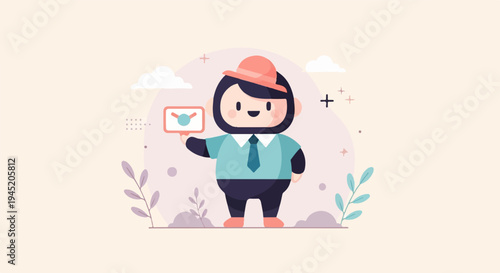 Cartoon character in a hat and tie holding a tablet with a circular icon