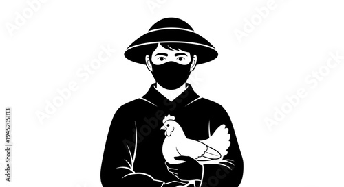 Farmer in Mask Holding Chicken, Asian Farmer, Rural Life, Agriculture, Pandemic Protection