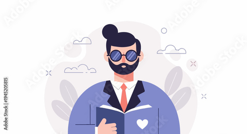 Cartoon man with beard, round glasses, and bun hairstyle reads an open book