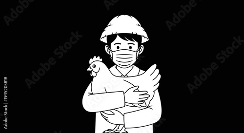 Farmer wearing mask holding chicken, farm safety, agriculture, poultry farming, pandemic
