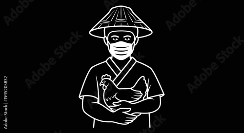 Farmer in mask and conical hat holding chicken, protection, agriculture, pandemic concept