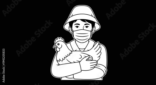 Farmer wearing mask holding chicken, protecting against disease, rural life, agriculture, pandemic