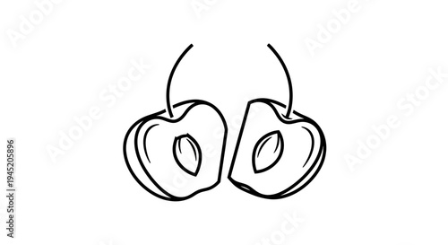 Hand Drawn Line Art of Two Cherries, One Cut in Half, Showing Seed