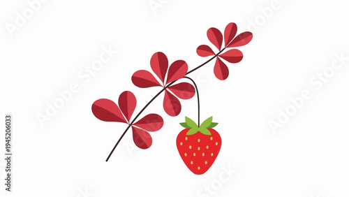 A single red strawberry hangs from a branch with red leaves