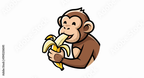 Cartoon monkey happily eats a peeled banana against a white background