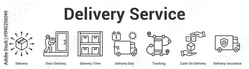 Delivery Service web banner icon set vector illustration concept for business with icon of Delivery, Door Delivery, Delivery Time, Delivery Day, Tracking, Cash On Delive.