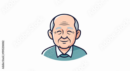 Cartoon of a smiling, balding elderly man with closed eyes and grey hair