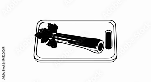 A single stalk of celery with leafy tops rests on a cutting board