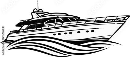 A sleek, multi-level motor yacht glides through stylized waves