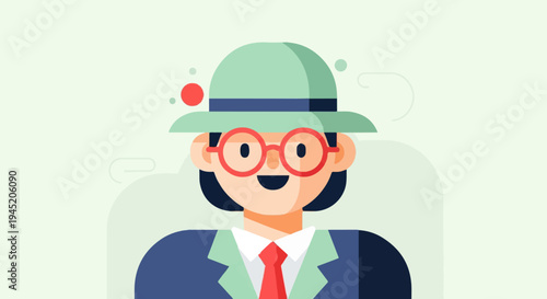 Animated portrait of a person in a hat, glasses, and suit with tie