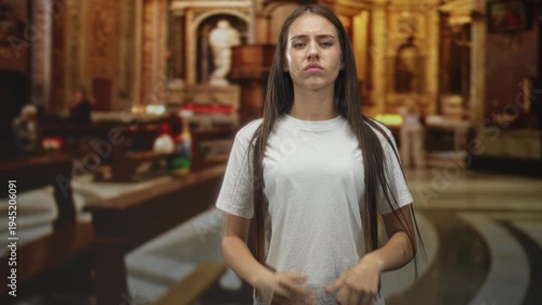 Teenage girl presses palms together in prayer gesture inside ornate building; solemn reflection and tension.