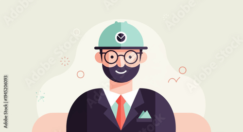 Cheerful cartoon man in suit, tie, and hard hat with glasses
