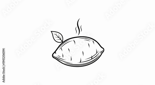 A sketch of a steaming sweet potato with a leaf