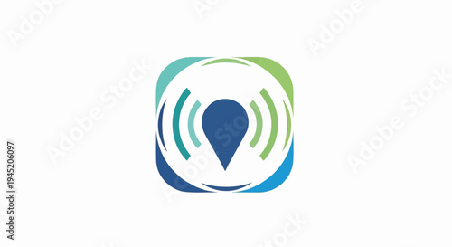 Abstract pin icon with signal waves in blue and green hues