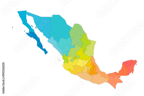 Mexico political map of administrative divisions - states and Mexico City. Rainbow spectrum colorful blank vector map.