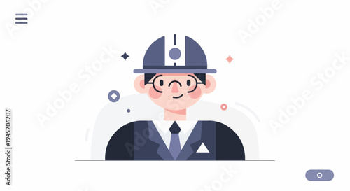 Cartoon character in hard hat and suit, minimalist illustration