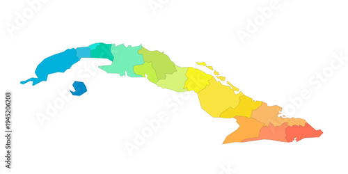 Cuba political map of administrative divisions - provinces. Rainbow spectrum colorful blank vector map.