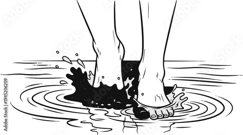 Artistic illustration of bare feet splashing in water, creating ripples