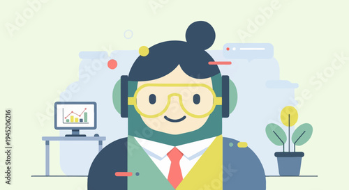 Cartoon character in glasses and headphones, with a desk and plant
