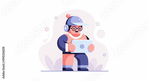 Cheerful character in cap, glasses, and headphones holding a tablet