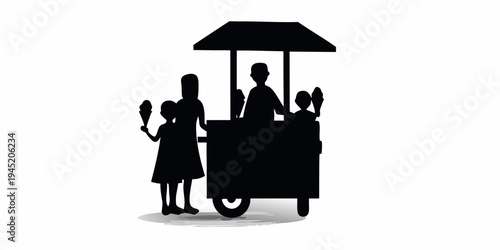 Family at ice cream cart, silhouette illustration, summer day and sweet treats, graphic depicts a happy summer outing and the joy of ice cream, white background