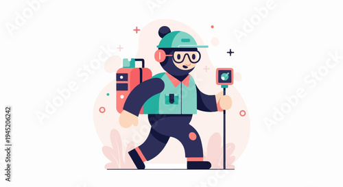 Cartoon character in protective gear carries sprayer and device