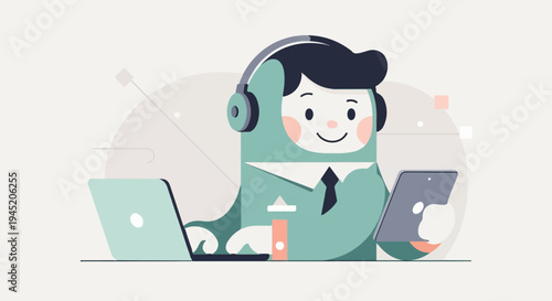 Cheerful cartoon person wearing headphones with laptop and tablet