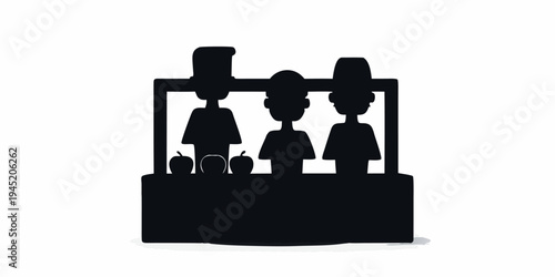 Black silhouette of a fruit stand with three vendors serving customers, illustrating a busy marketplace and retail service, suitable for themes of small business, sales, and community commerce