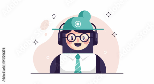 Cheerful cartoon person with headphones and glasses wearing a tie