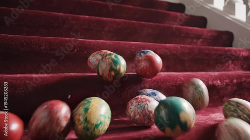 Joyful, vibrantly patterned Easter eggs playfully tumble down grand plush red carpeted staircase dynamic, chaotic, unexpected descent