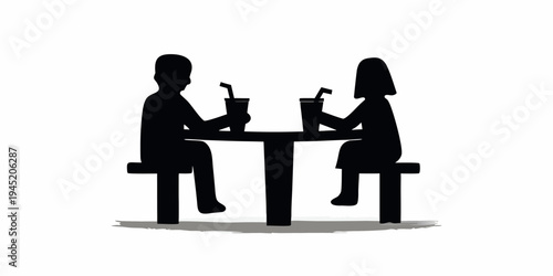 Two children silhouetted at a picnic table with drinks, representing outdoor dining, friendship, and summer refreshment, suitable for themes of summer, childhood, and casual gatherings