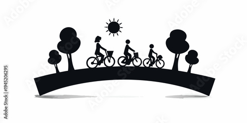 Family silhouette cycling on a curved path under a sun, representing outdoor activity, togetherness, and a healthy lifestyle, ideal for promoting outdoor activities, wellness, and family time