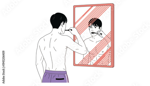 Man shaving in front of mirror with red diagonal stripes