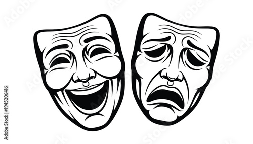 Theatrical comedy and tragedy masks in black and white illustration style