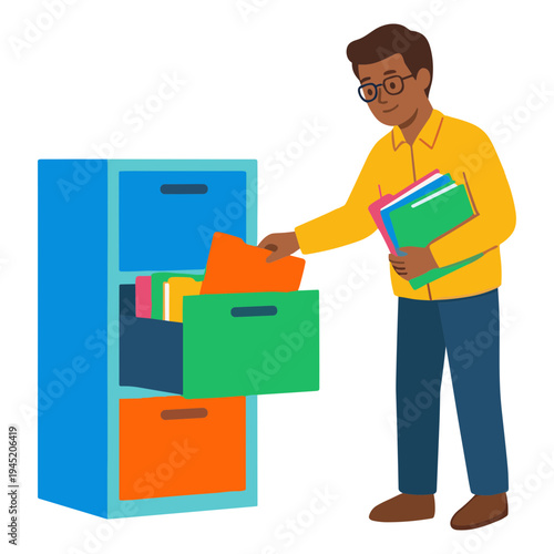 A man organizes colorful files and boxes in an office filing cabinet drawer.