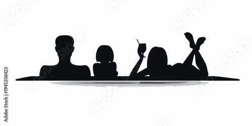 Family sunbathing silhouette - summer poolside relaxation with one person holds a drink, conveying a mood of summer relaxation and vacation, family time, flat design