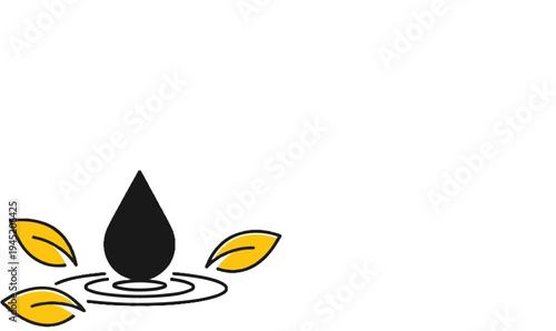 Black drop on water ripples surrounded by yellow leaves