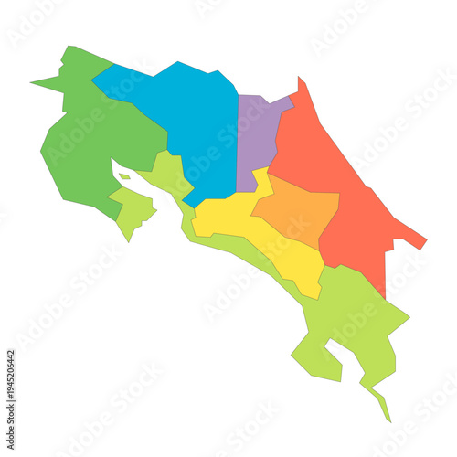 Costa Rica political map of administrative divisions - provinces. Rainbow spectrum colorful blank vector map.