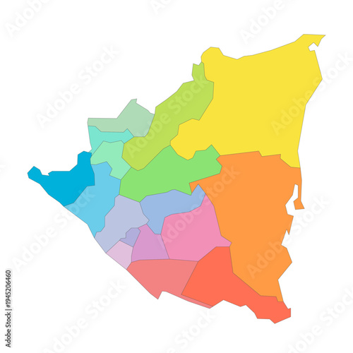 Nicaragua political map of administrative divisions - departments and autonomous regions. Rainbow spectrum colorful blank vector map.