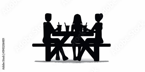 Three friends silhouette gathered around a picnic table, sharing drinks in a clean, modern black and white graphic style, image conveys a sense of friendship and shared moments